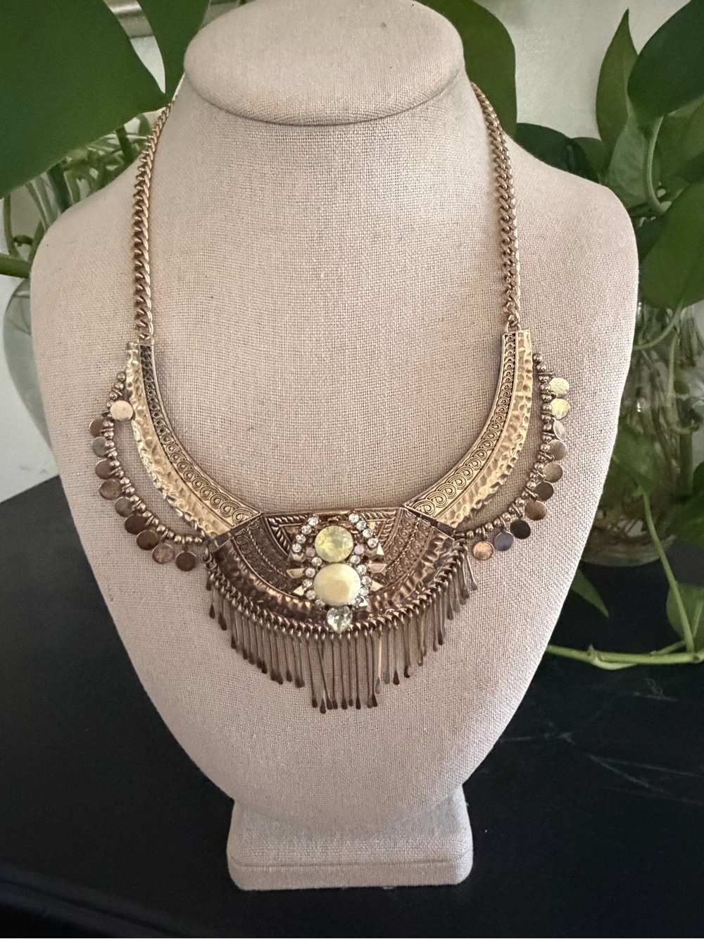 Vintage Gold-Tone Fringe & Glass Rhinestone Bib Statement Necklace
